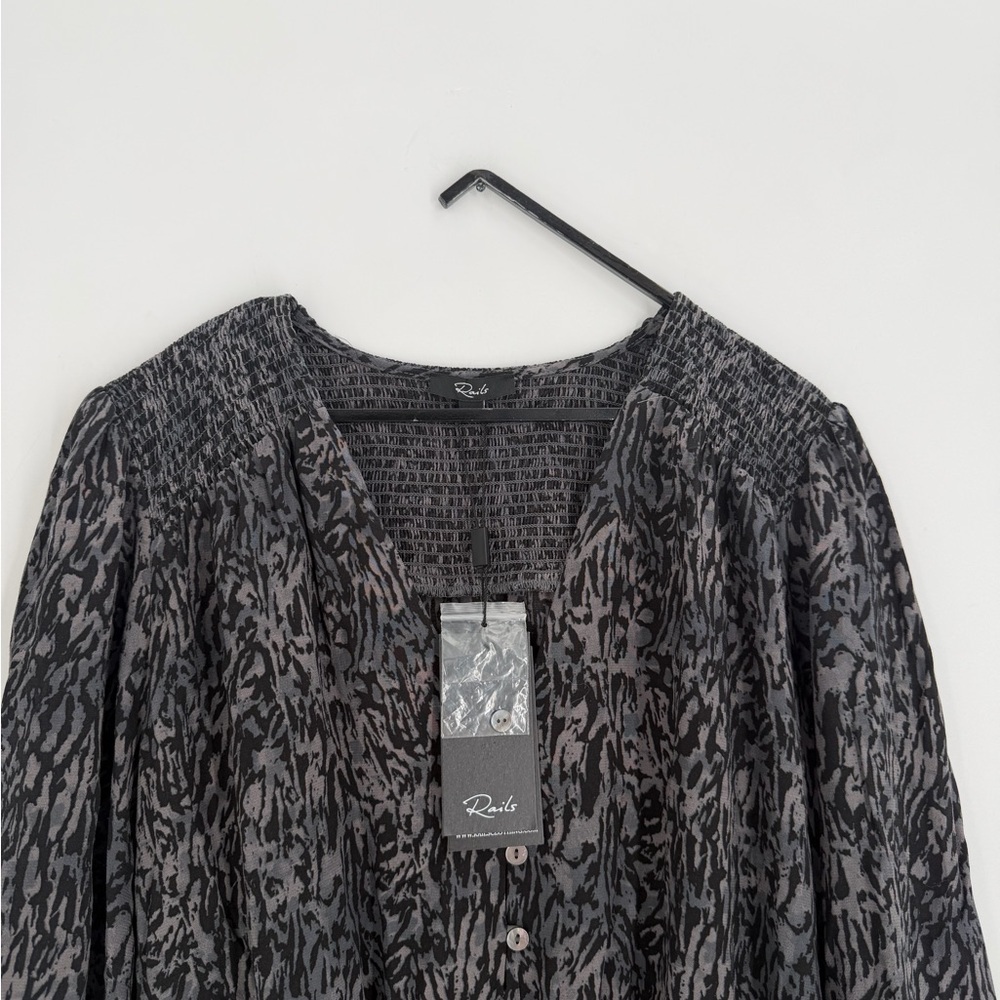 Rails Zana Animal Printed Smocked V Neck Long Blouson Sleeve Mini Dress